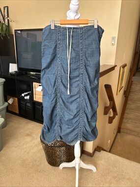 XCVI Vintage Ruched Denim Midi Skirt in Blue with Drawstring